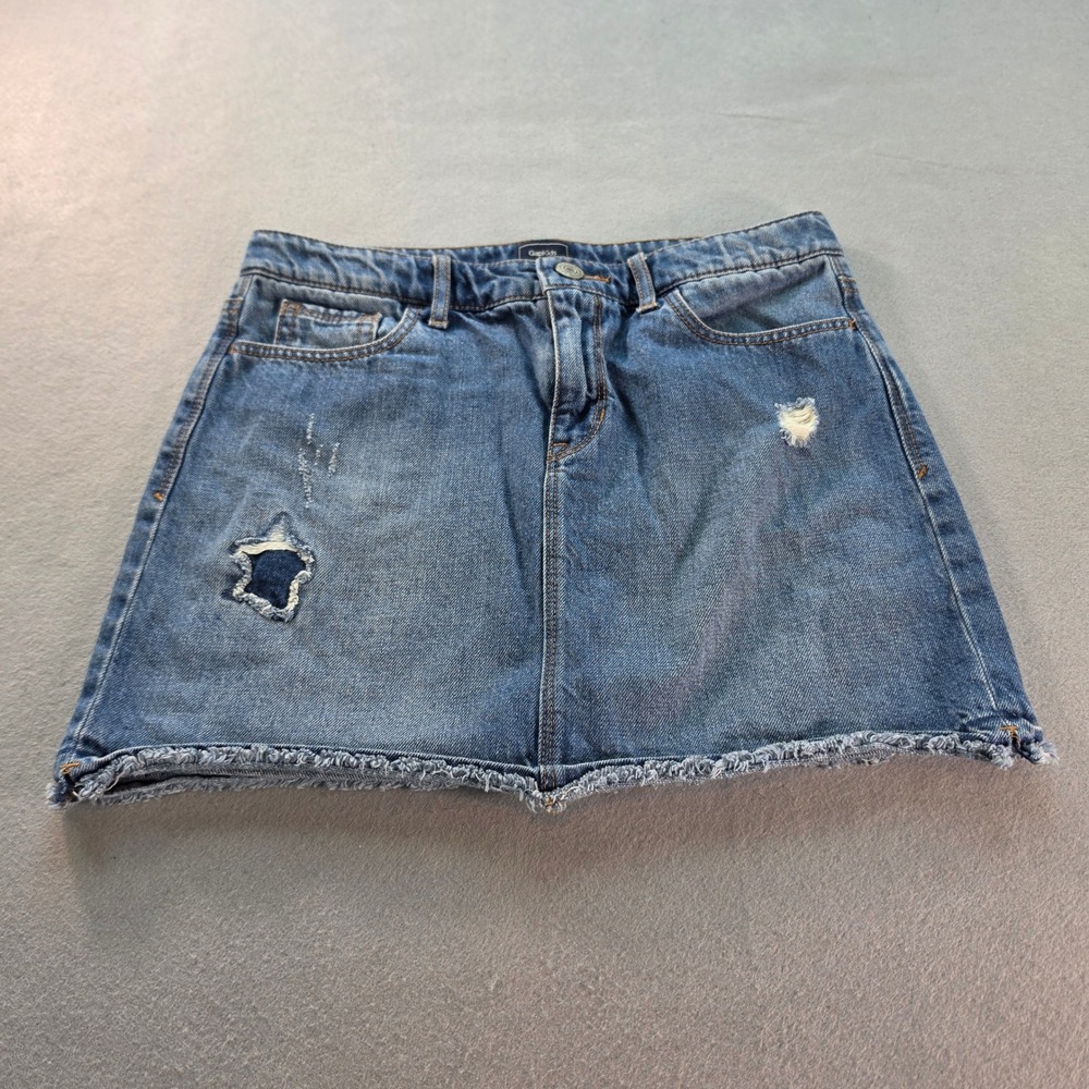 Gap Kids Girls Denim Mini Skirt Distressed Star Patch Frayed Hem Blue Size 12
